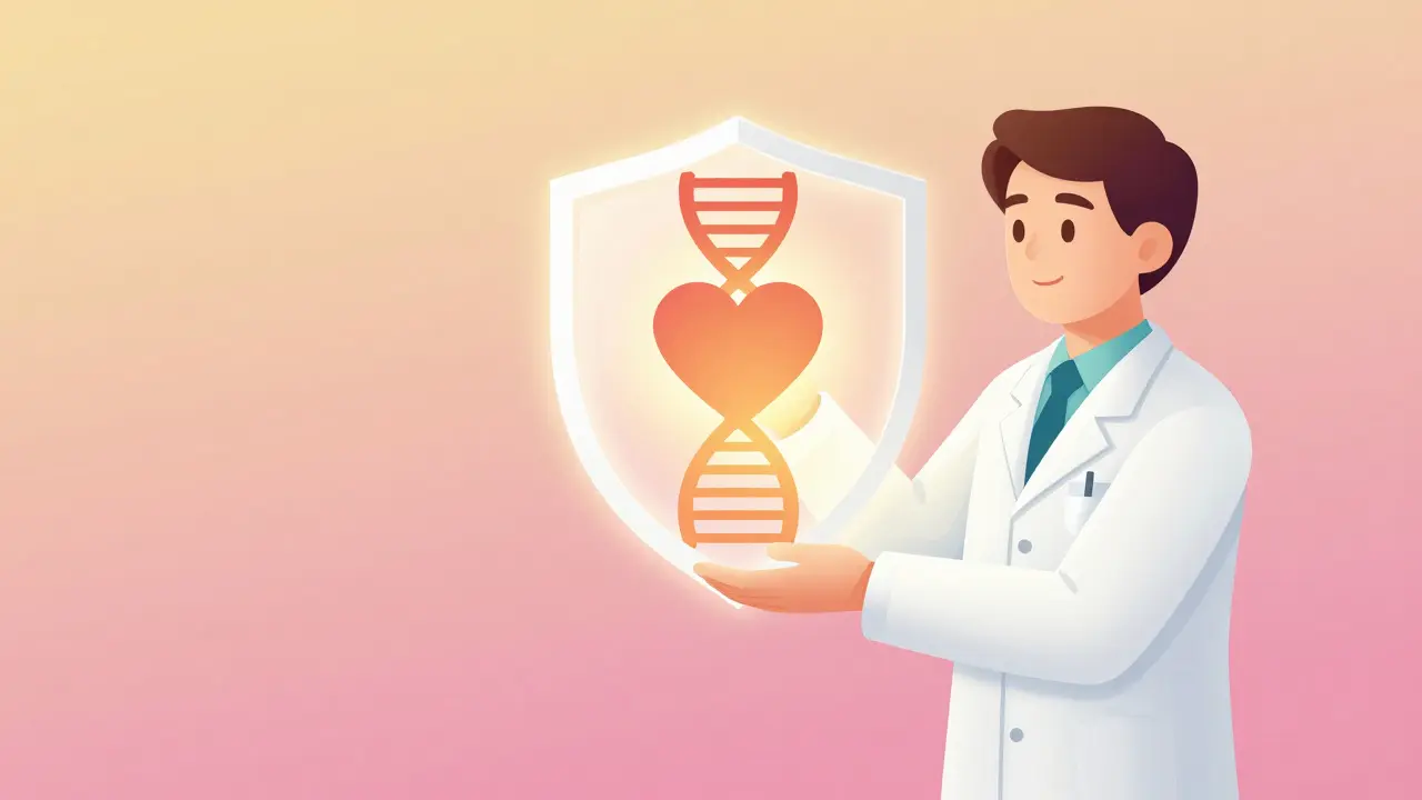 Illustration of a DNA shield protecting a heart symbolizing vaccine hope.