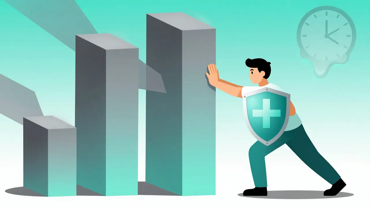 Patient figure pushing against abstract shapes symbolizing insurance bureaucracy barriers.