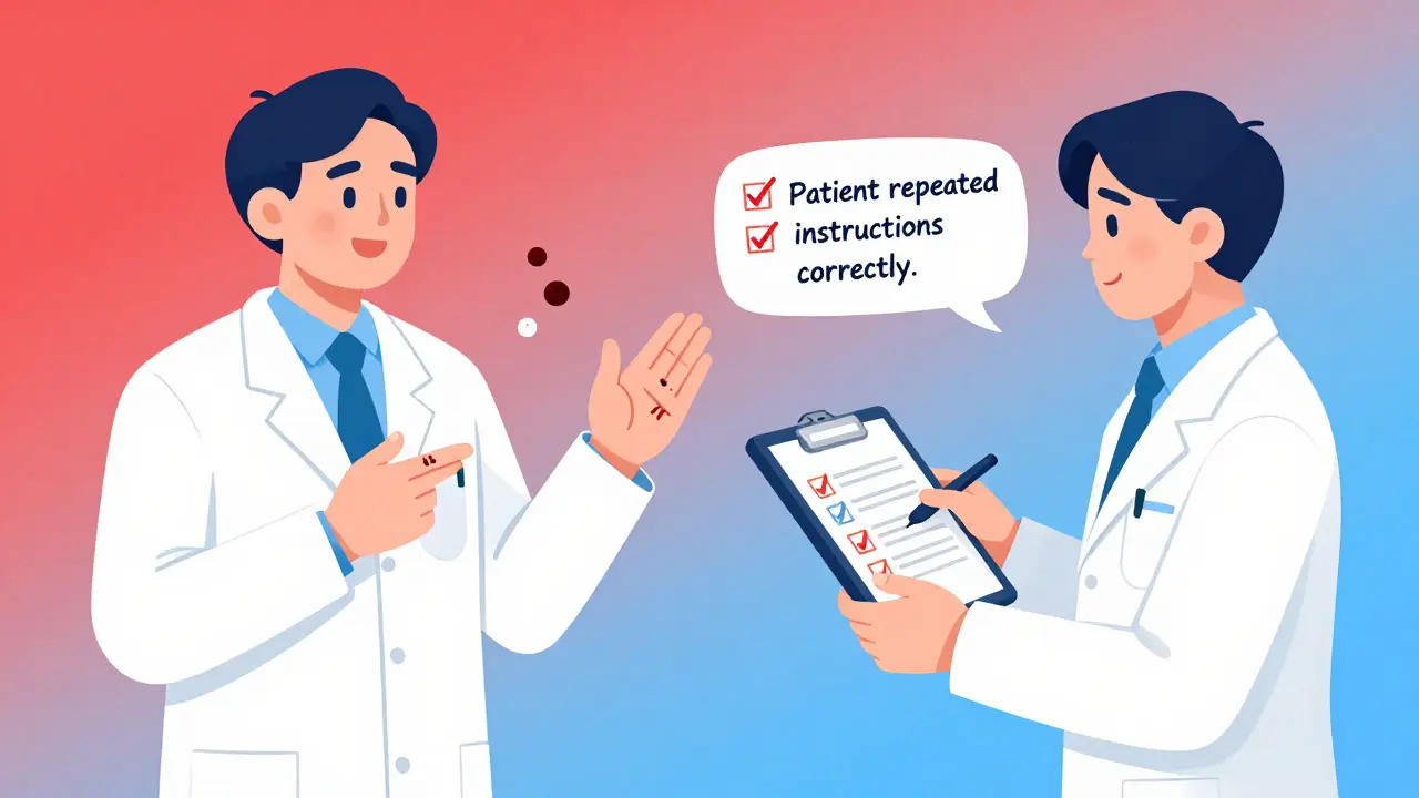 Pharmacist teaching about blood thinner risks and documenting patient understanding in a clinic.