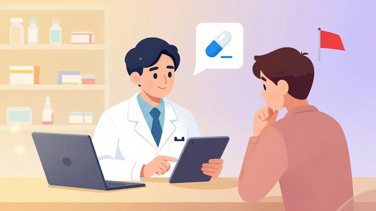 Pharmacist using an AI tablet to adjust counseling advice based on patient's real-time feedback.
