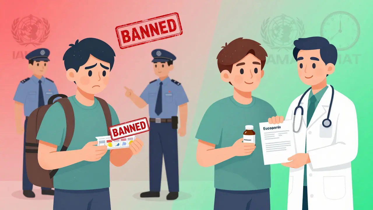 Split scene: banned pills on left, getting local prescription on right, with color gradient from red to green.