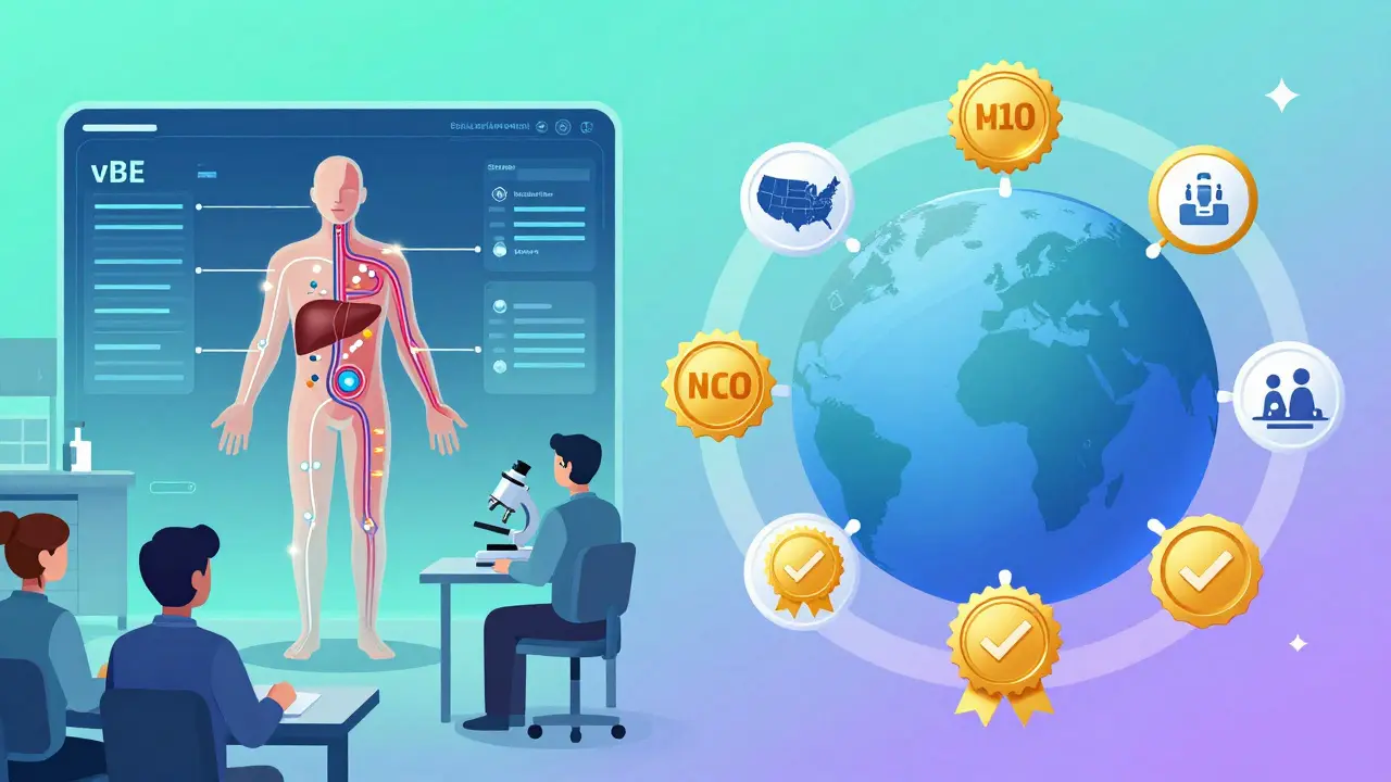 Virtual bioequivalence simulation replacing human trials, with global ICH M10 standards connecting U.S. and EU labs.