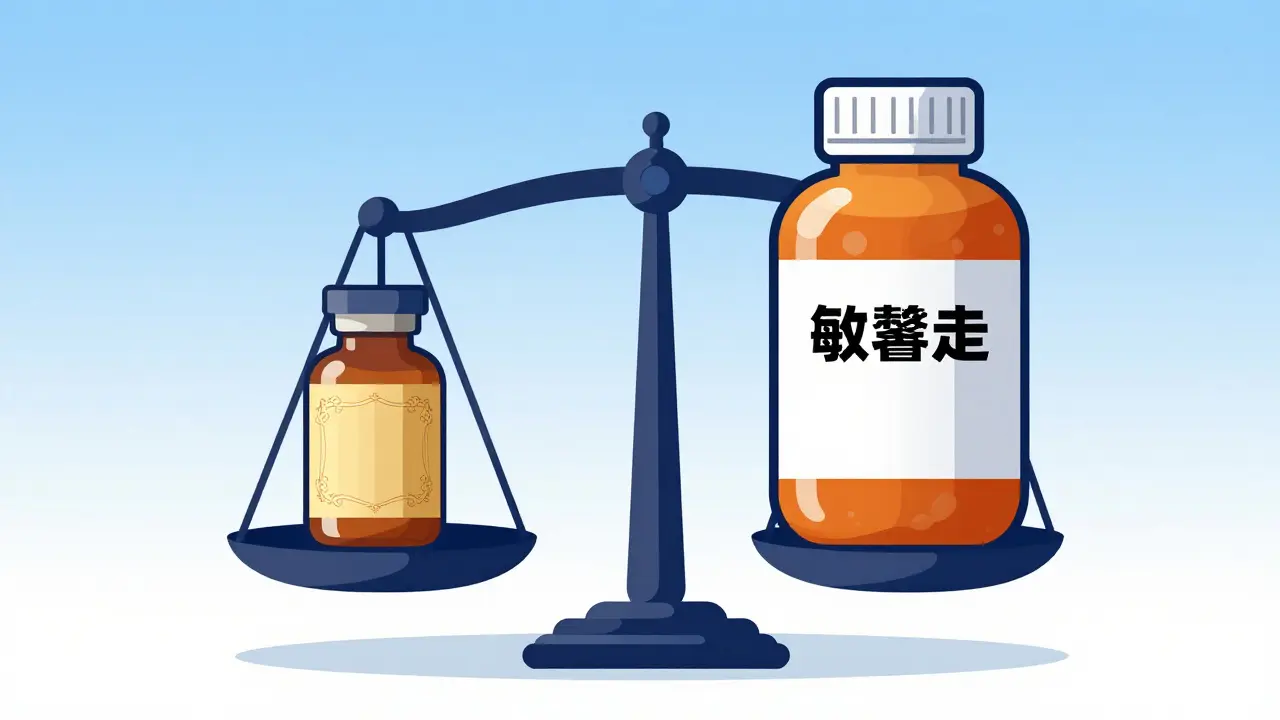 A balance scale comparing an expensive brand name pill bottle to a bulk generic one