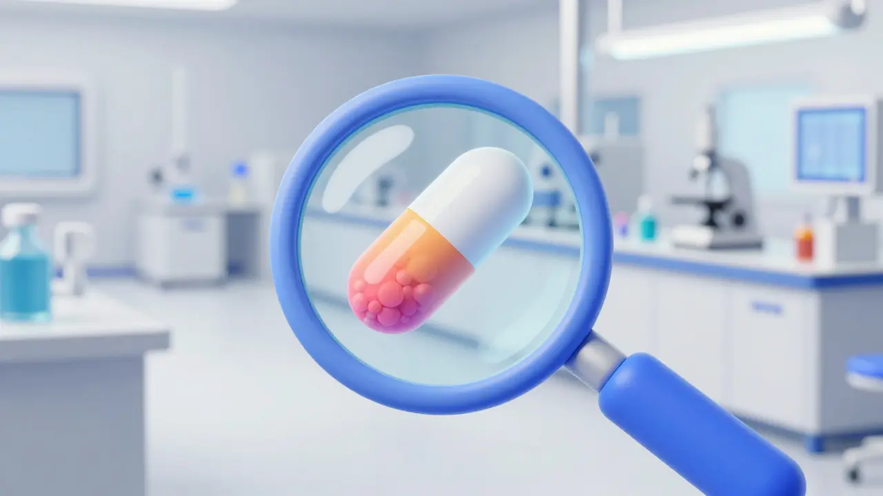 A magnifying glass revealing the composition of a pill in a high-tech lab.