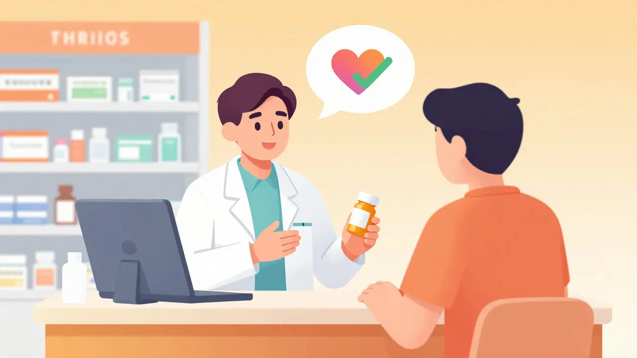 A patient and pharmacist discussing medication in a warm, supportive setting.