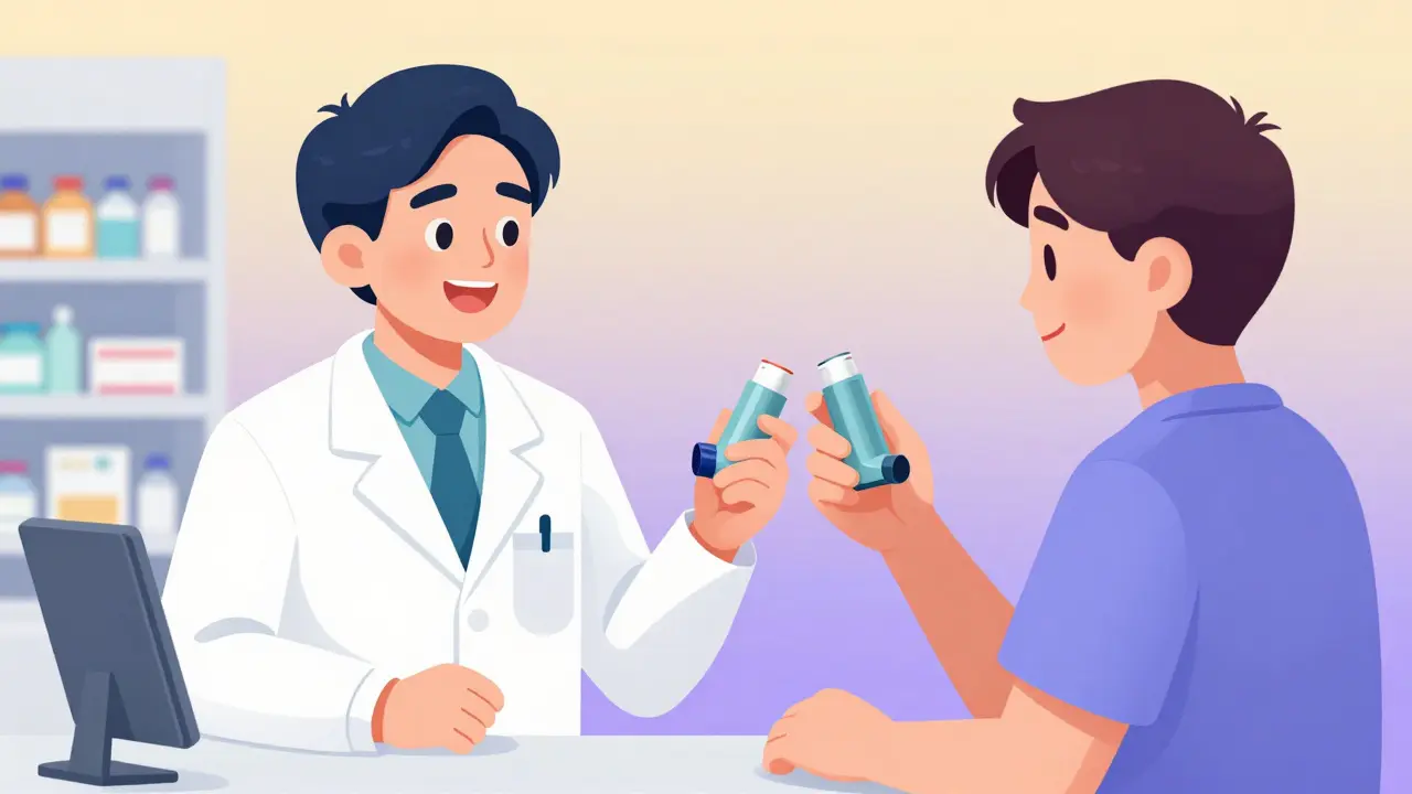 A pharmacist and patient performing the teach-back method with an inhaler