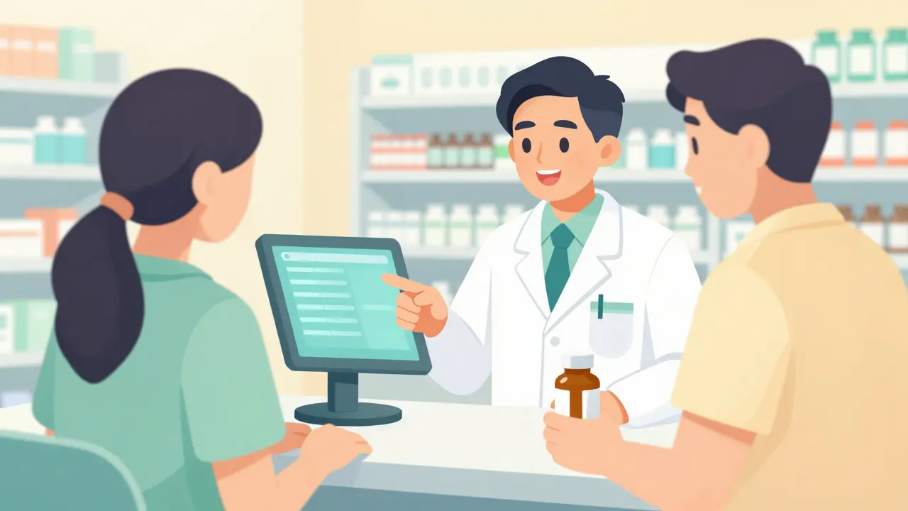 A pharmacist explaining medication options to a patient in a modern pharmacy.