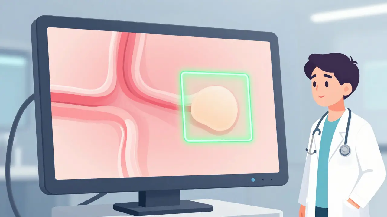 AI-assisted medical monitor highlighting a suspicious area on a stylized colon wall