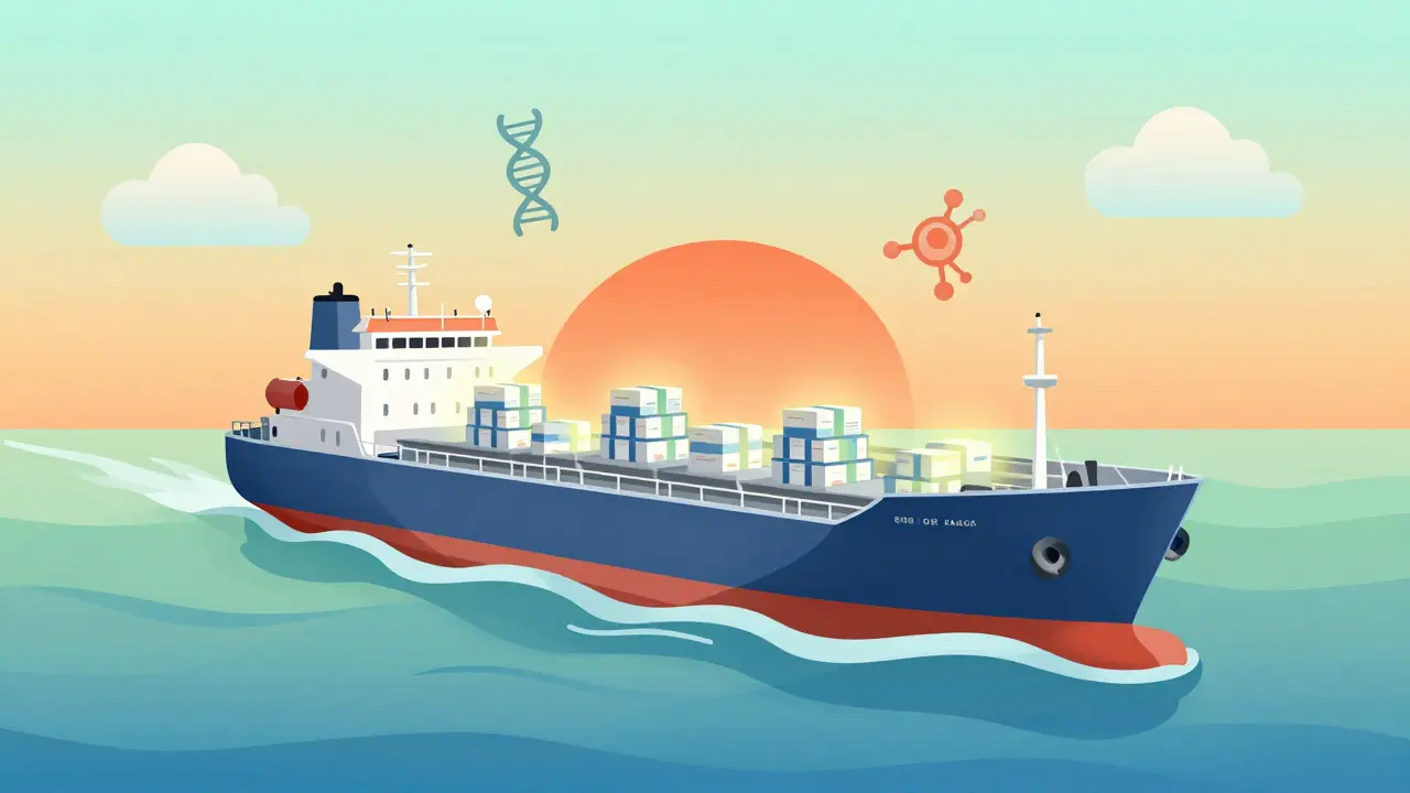 Cargo ship carrying medicine across stylized gradient ocean waves