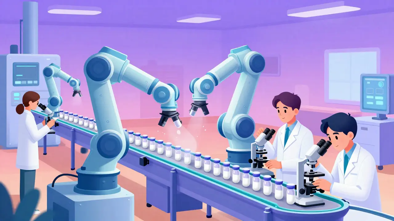 Cartoon factory interior with robots making pills and scientists working