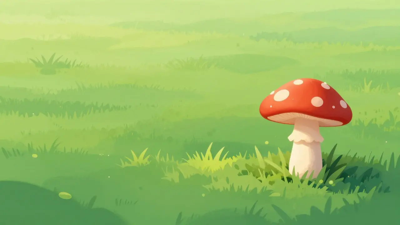 Comparison of a distinct mushroom and a subtle patch of grass on a flat green field