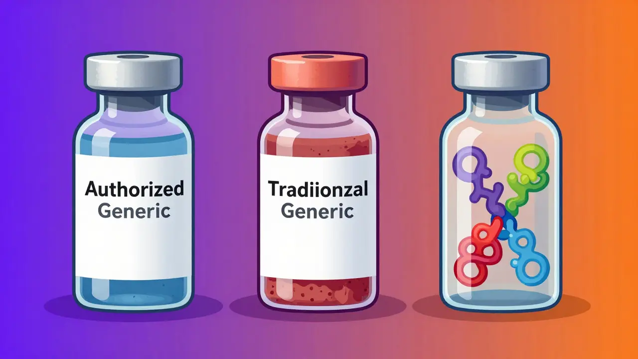 Comparison of authorized generic, traditional generic, and biosimilar medication vials.
