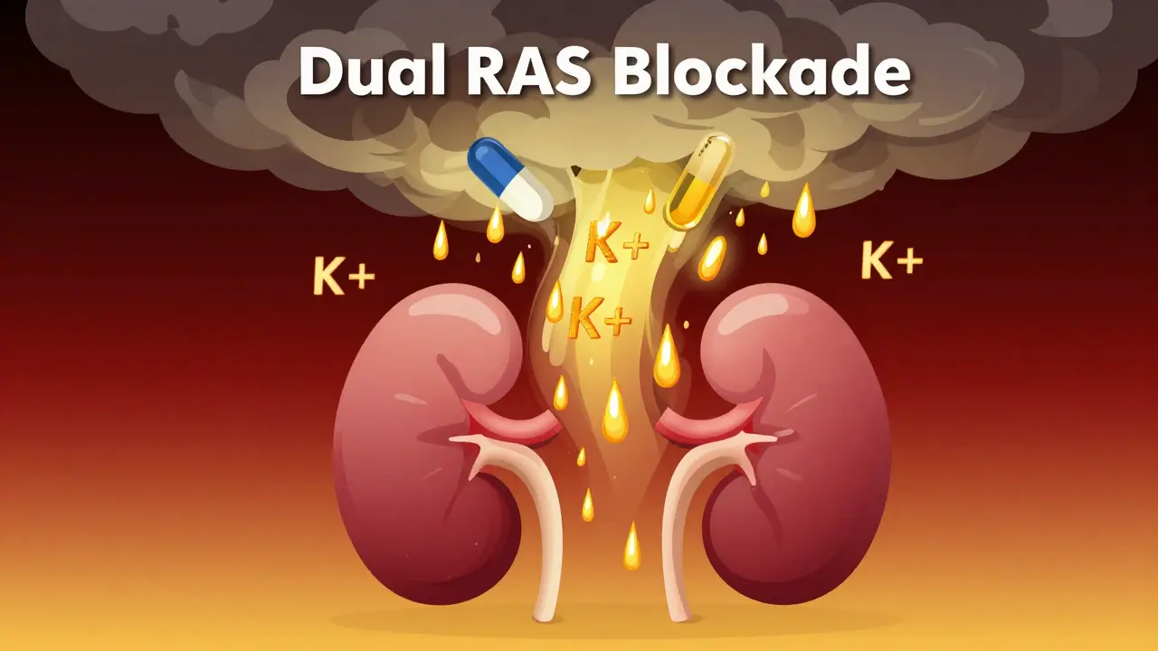 Conceptual image showing the risk of kidney stress and high potassium from mixing medications.