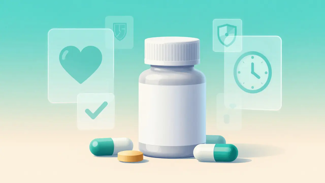 Holographic health icons surrounding medication pills to symbolize drug verification