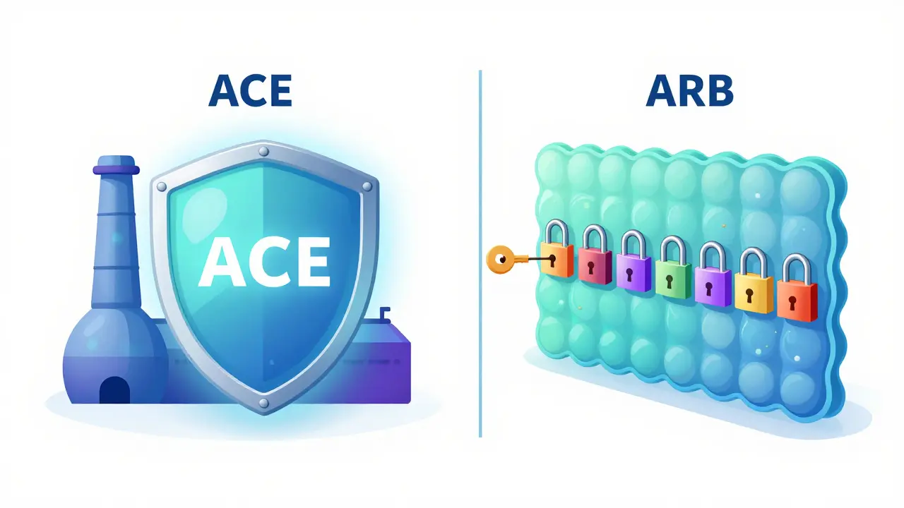 Illustration comparing how ACE inhibitors block production and ARBs block receptors.
