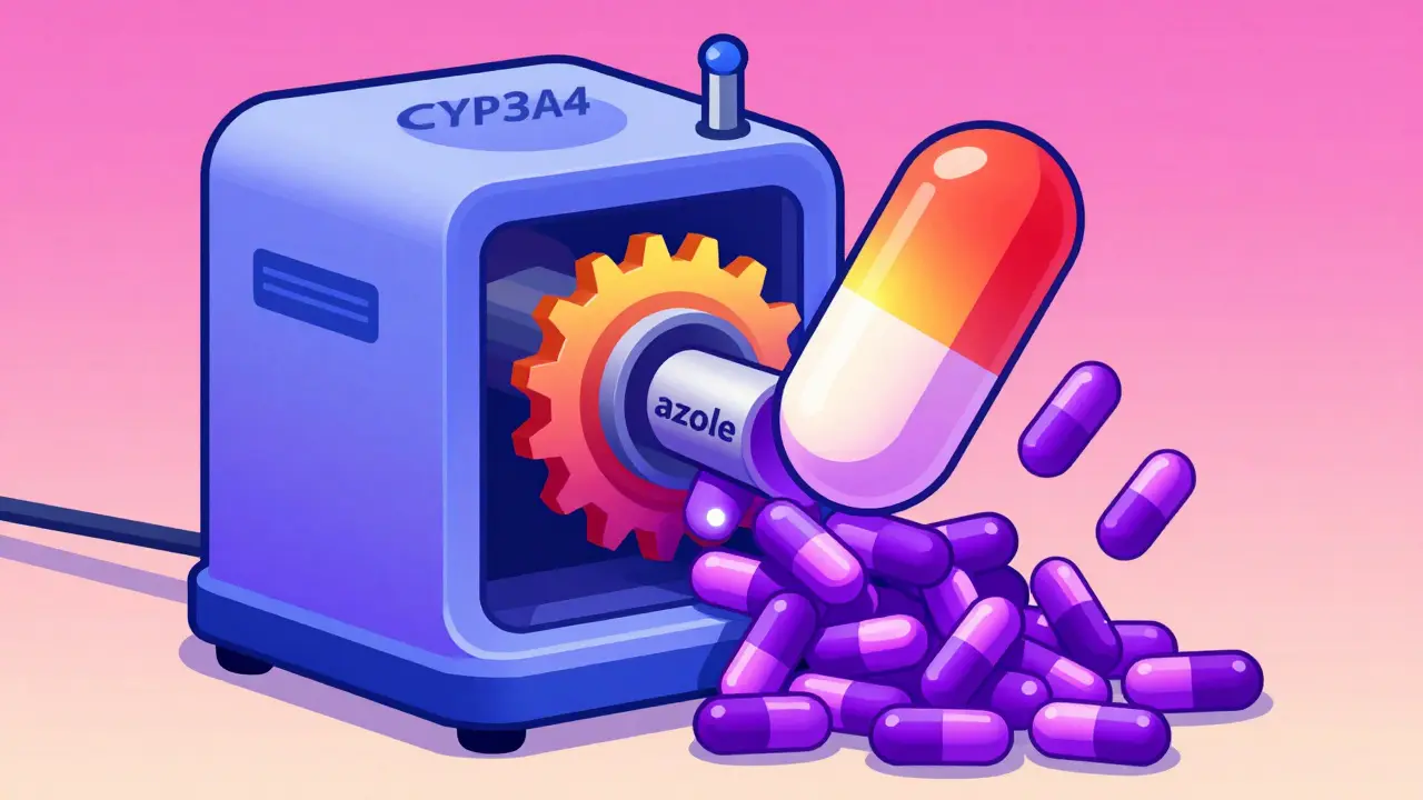 Illustration of a biological shredder jammed by a pill, causing drug buildup.