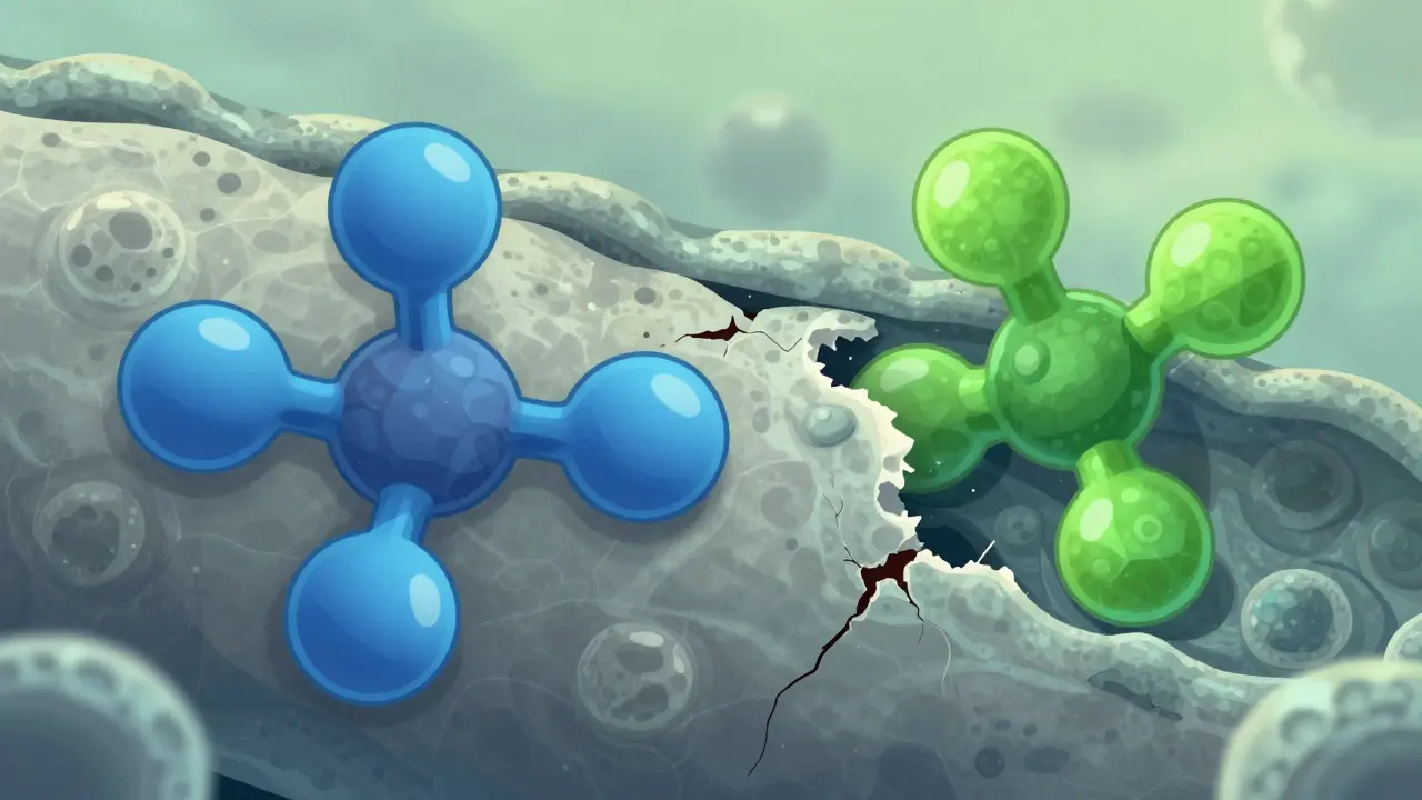 Microscopic view of a fungal cell being attacked by statins and antifungals.