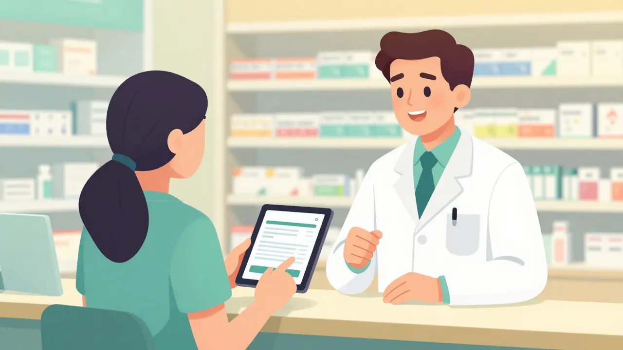 Patient and pharmacist discussing medication safety using a digital health resource