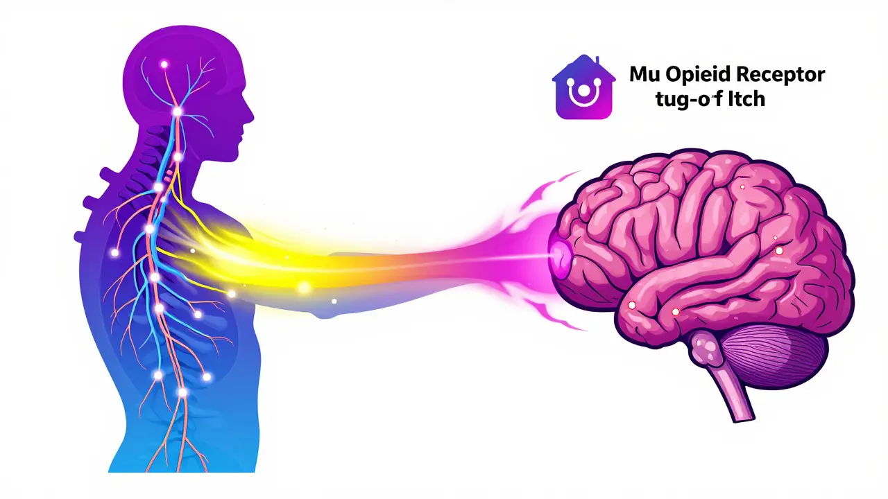 Stylized illustration of the nervous system showing the interaction between histamine and neural pathways.